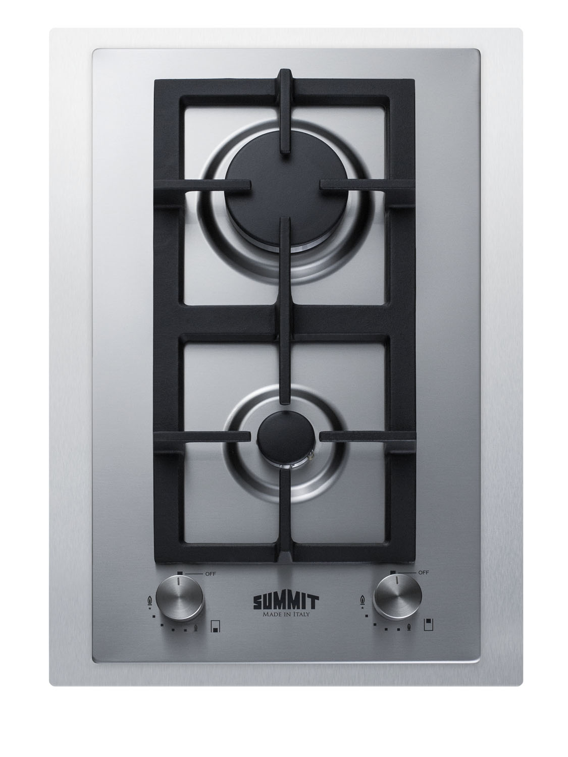 2-burner gas cooktop made in Italy with sealed burners, multiple heating outputs, 304 grade stainless steel surface, and stainless steel trim kit to cover 15